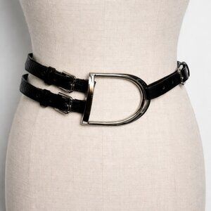 Vintage Equestrian Belt Black Leather Double Strap Horsebit